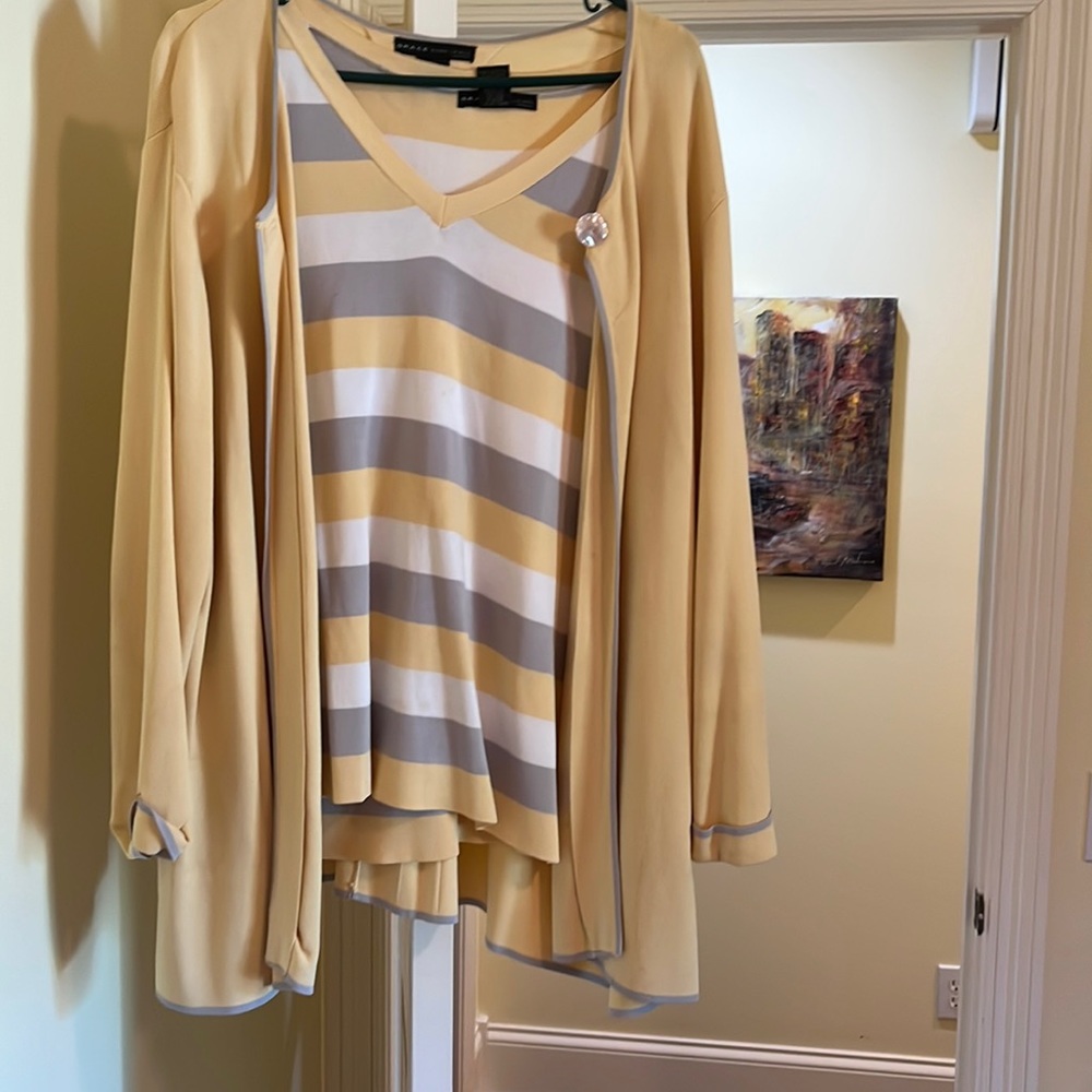 Pale yellow and gray cardigan set knit